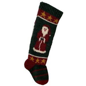Vtg Handmade Knit Christmas Stocking Green and Red Santa and Stars 19.5 inch